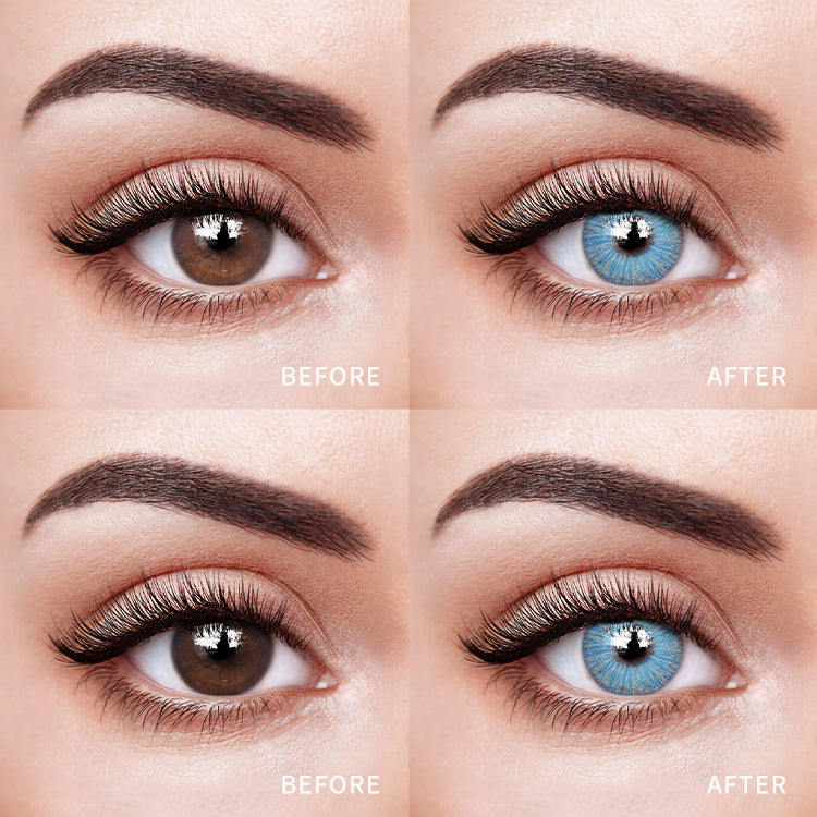 The before and after comparison of wearing Ever Blue Contact Lenses.